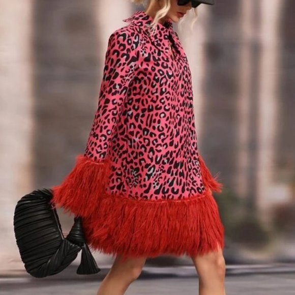 Leopard Print long sleeve Fuzzy Trim Dress - Picture 4 of 7